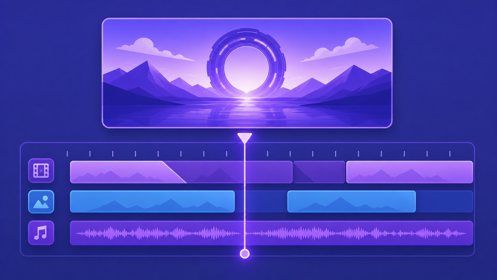 Cinematic production frame representing timeline editing for AI filmmaking